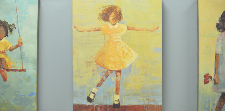 An impressionist painting of children playing on the wall.